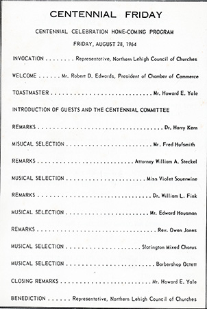 1964 Slatington Centennial Friday Schedule